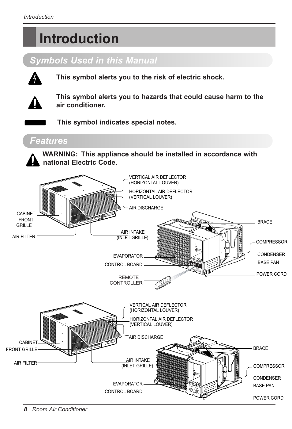 Introduction, Symbols used in this manual features | LG WG1005R User Manual | Page 8 / 50