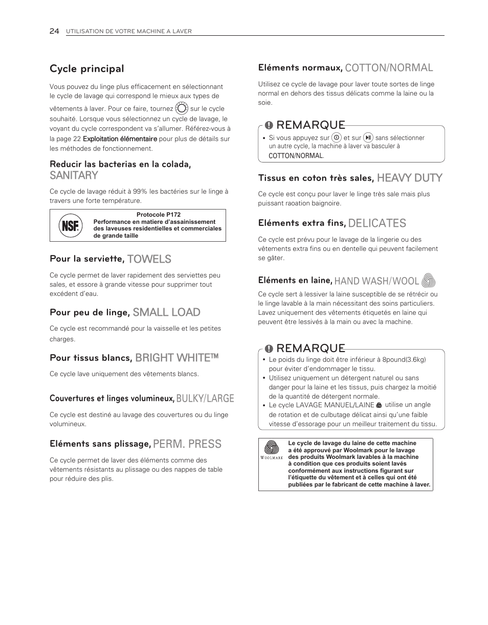 Remarque, Cycle principal, Heavy duty | Sanitary, Towels, Small load, Bright white | LG WM3150HWC User Manual | Page 104 / 120