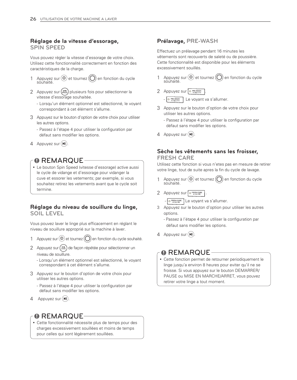 Remarque, Réglage de la vitesse d’essorage, spin speed, Prélavage, pre-wash | Sèche les vêtements sans les froisser, fresh care | LG WM3150HWC User Manual | Page 106 / 120