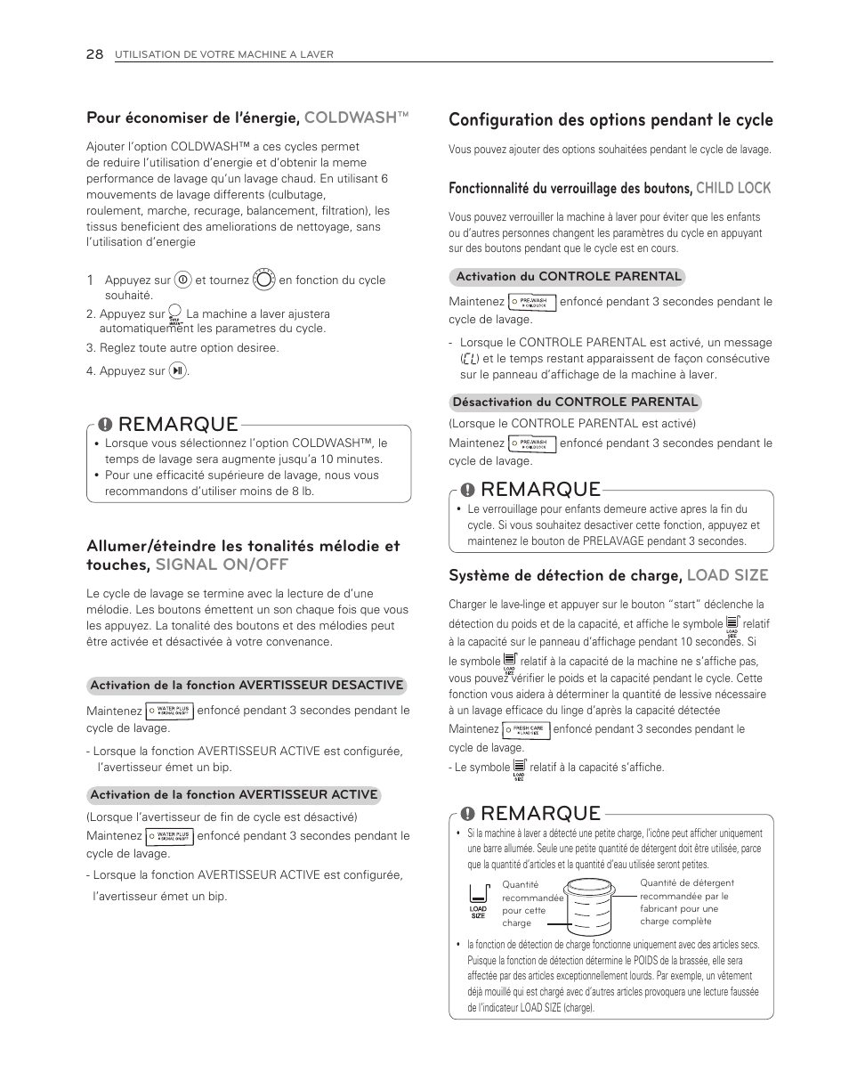 Remarque, Configuration des options pendant le cycle, Pour économiser de l’énergie, coldwash | Système de détection de charge, load size | LG WM3150HWC User Manual | Page 108 / 120