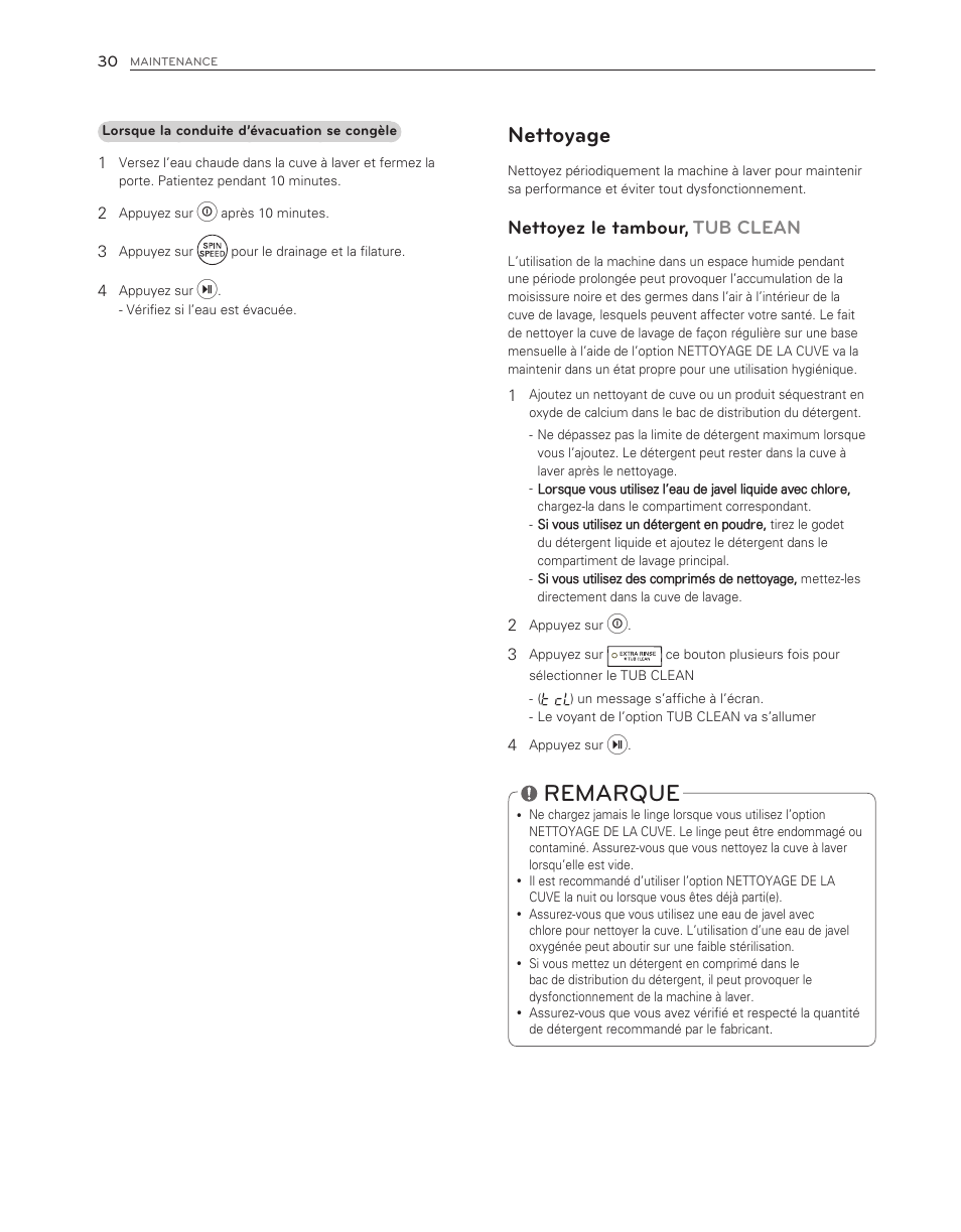 Remarque, Nettoyage, Nettoyez le tambour, tub clean | LG WM3150HWC User Manual | Page 110 / 120