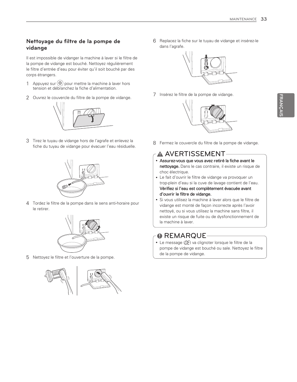 Avertissement, Remarque, Nettoyage du filtre de la pompe de vidange | LG WM3150HWC User Manual | Page 113 / 120