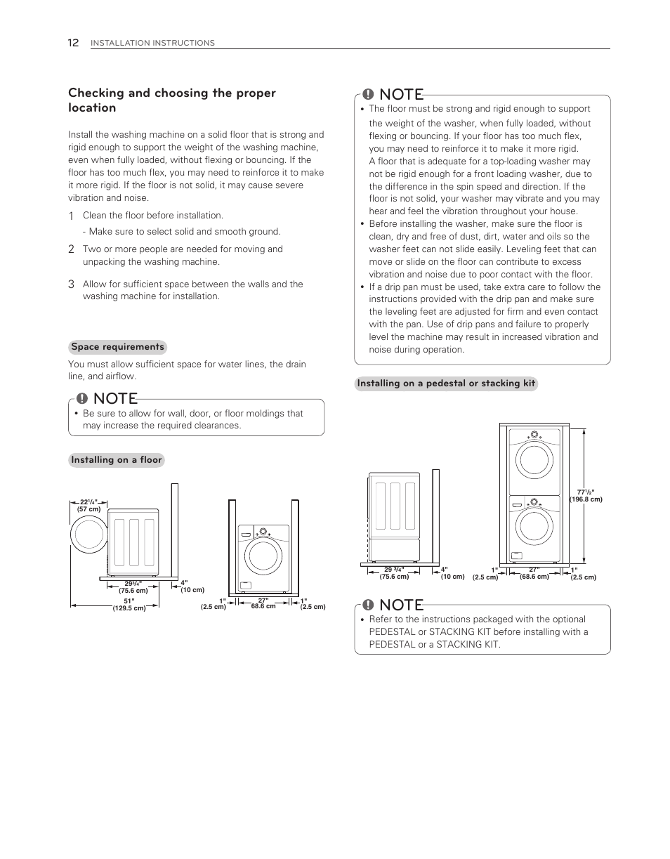 Checking and choosing the proper location | LG WM3150HWC User Manual | Page 12 / 120