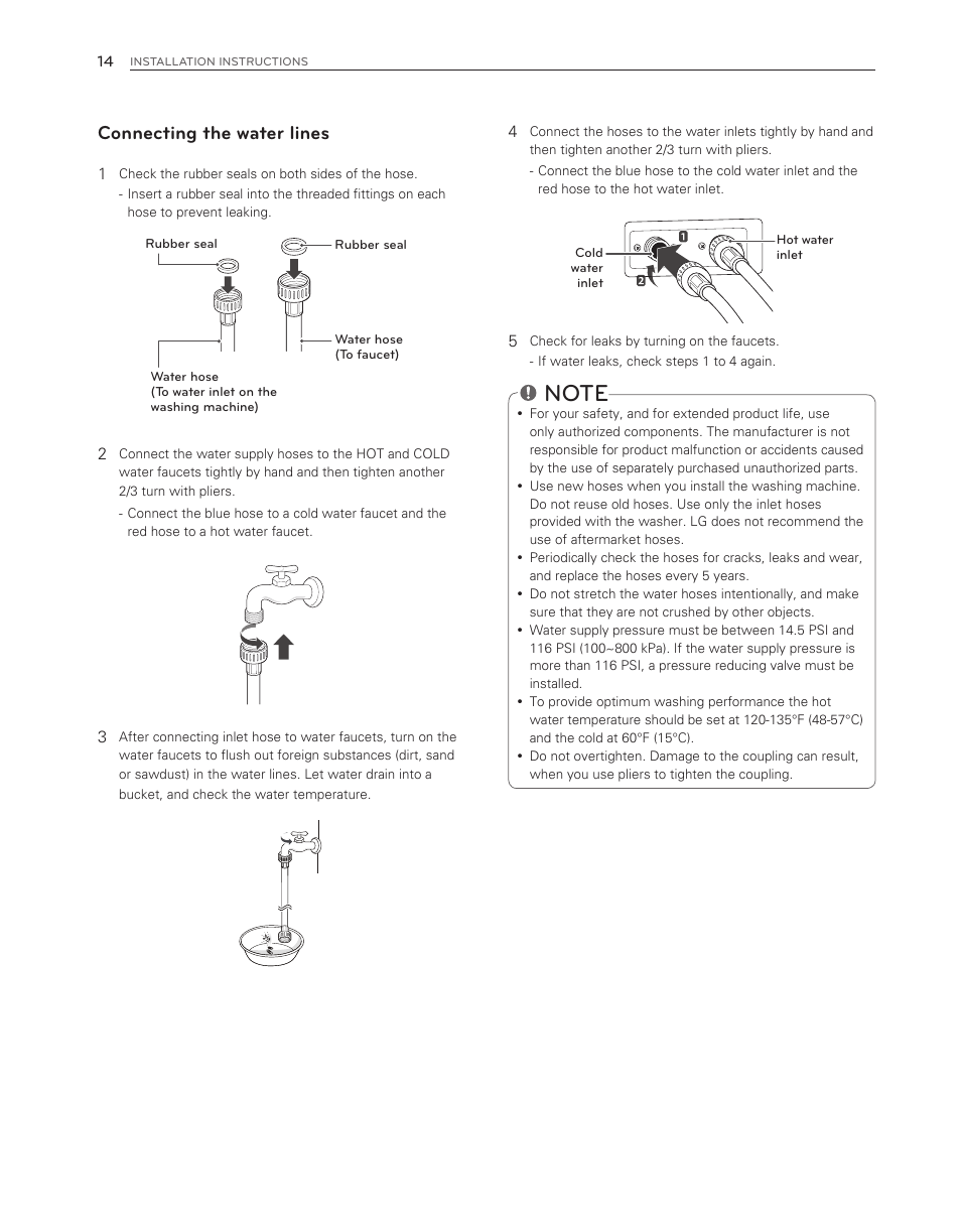 Connecting the water lines | LG WM3150HWC User Manual | Page 14 / 120