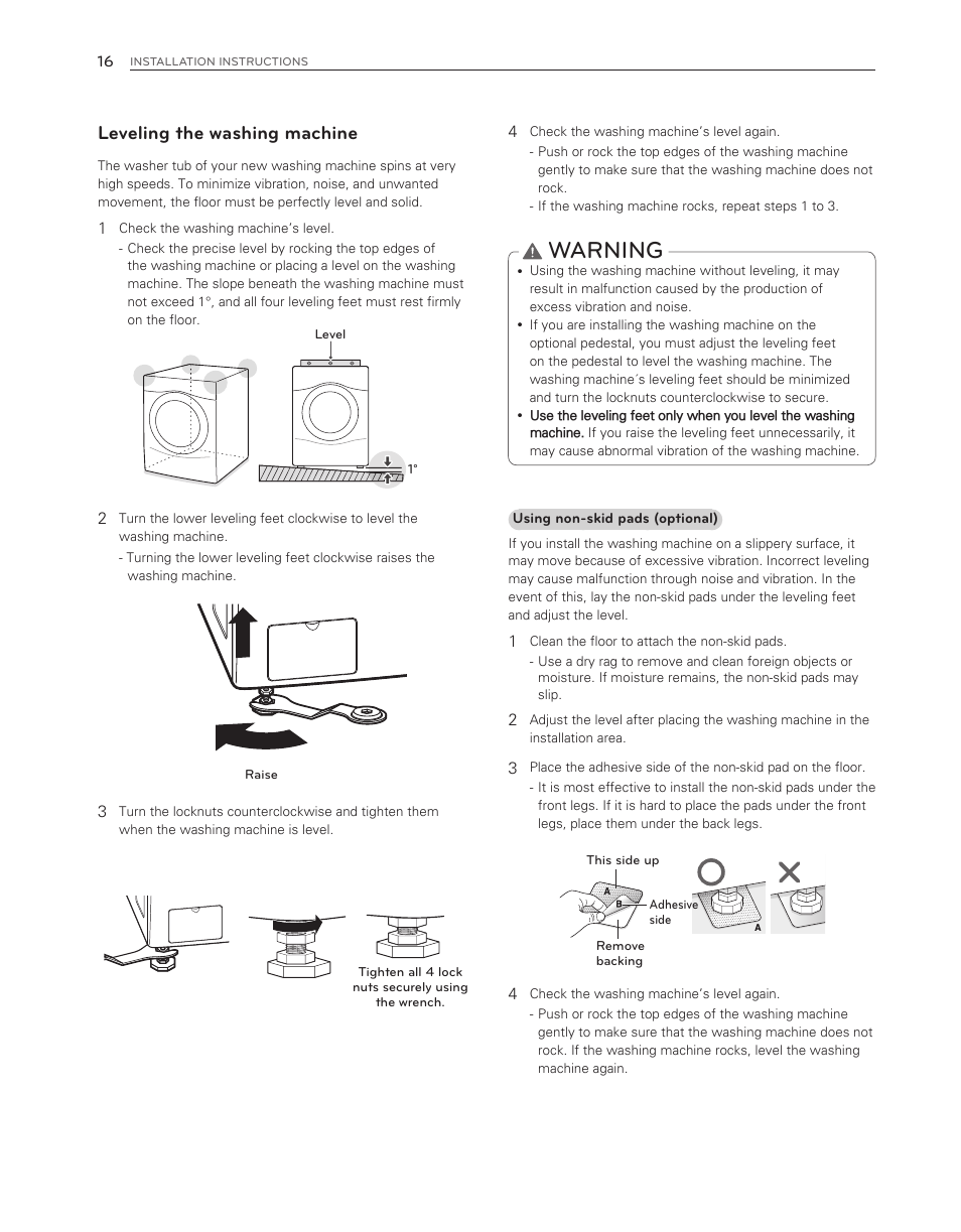 Warning, Leveling the washing machine | LG WM3150HWC User Manual | Page 16 / 120