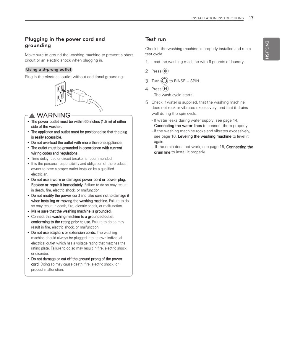 Warning, Plugging in the power cord and grounding, Test run | LG WM3150HWC User Manual | Page 17 / 120