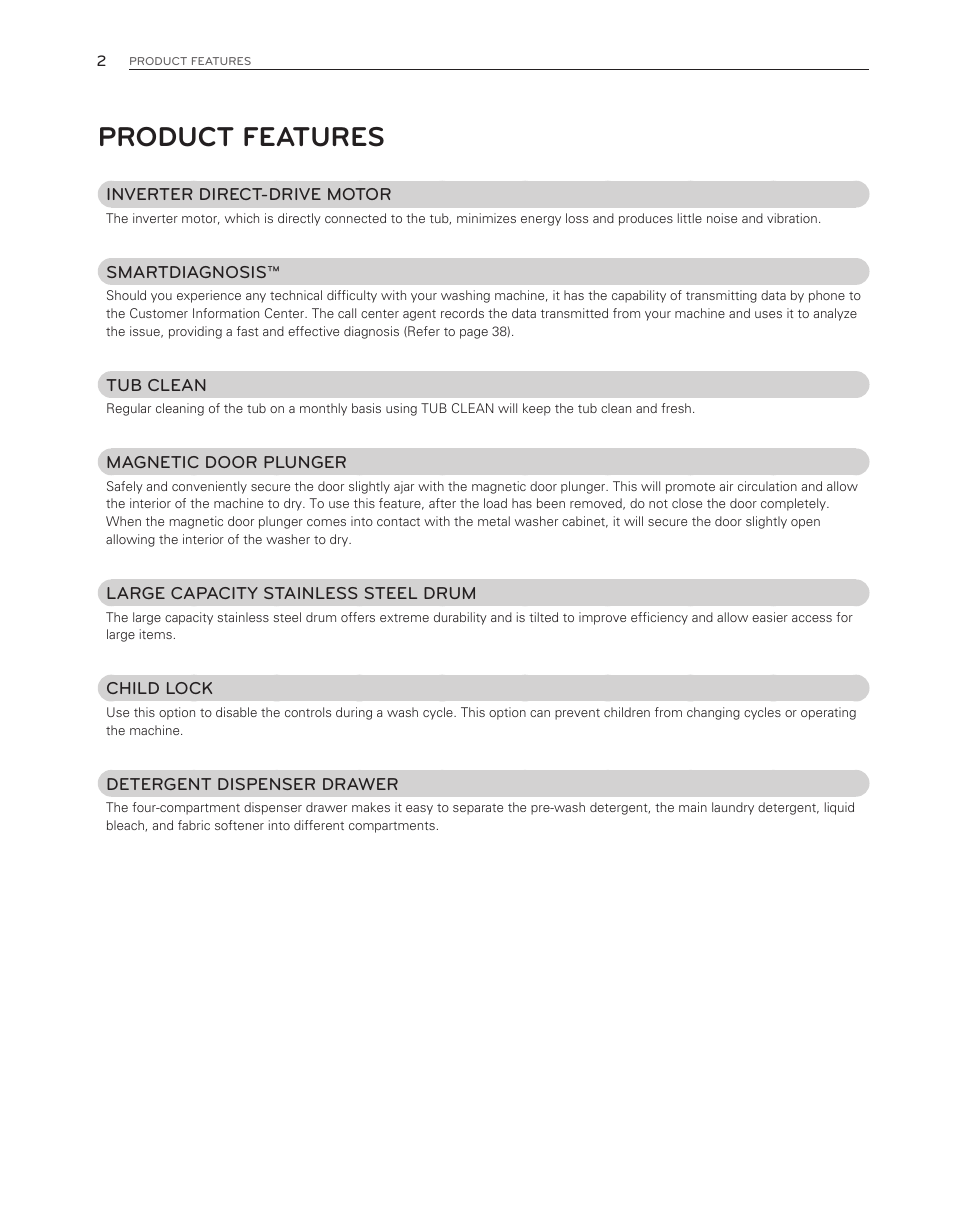 Product features | LG WM3150HWC User Manual | Page 2 / 120
