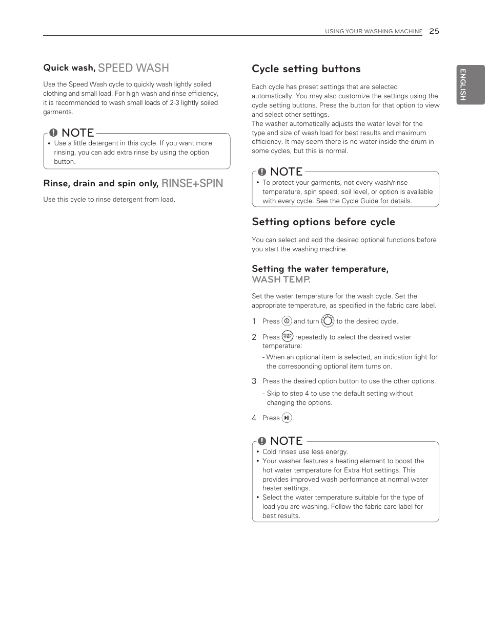 Cycle setting buttons, Setting options before cycle, Rinse+spin | Quick wash, Rinse, drain and spin only, Setting the water temperature, wash temp | LG WM3150HWC User Manual | Page 25 / 120