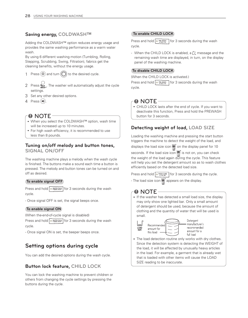 Setting options during cycle, Saving energy, coldwash, Button lock feature, child lock | Detecting weight of load, load size | LG WM3150HWC User Manual | Page 28 / 120