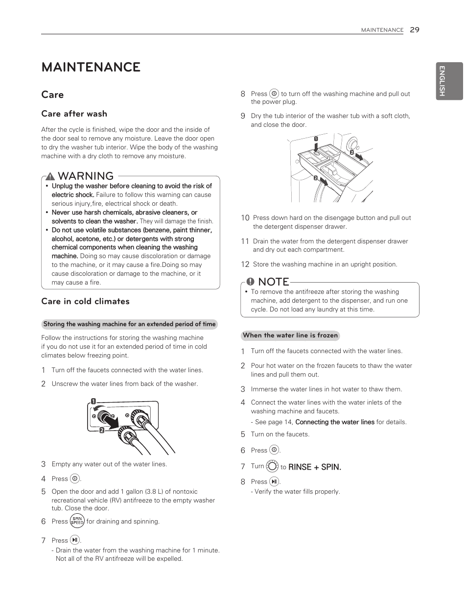 Maintenance, Warning, Care | Care after wash, Care in cold climates | LG WM3150HWC User Manual | Page 29 / 120