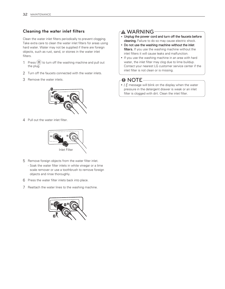 Warning, Cleaning the water inlet filters | LG WM3150HWC User Manual | Page 32 / 120