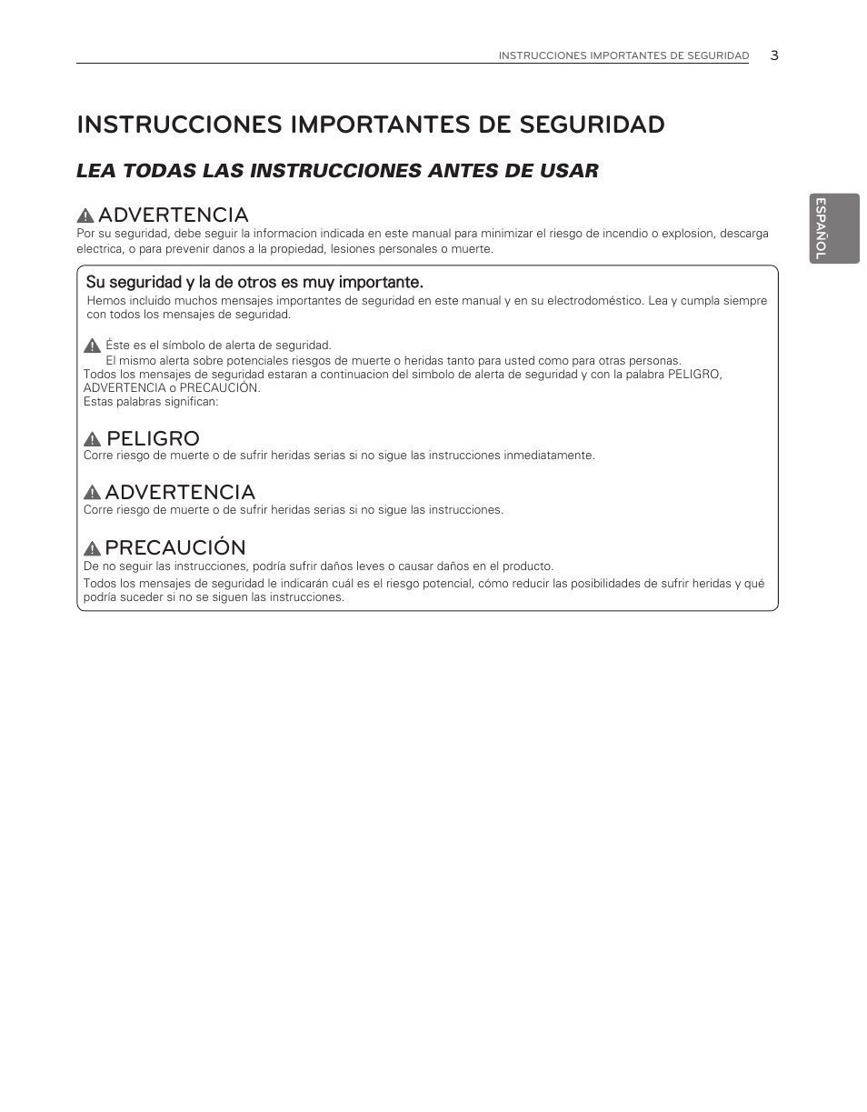 Instrucciones importantes de seguridad, Advertencia, Peligro | Precaución, Lea todas las instrucciones antes de usar | LG WM3150HWC User Manual | Page 43 / 120