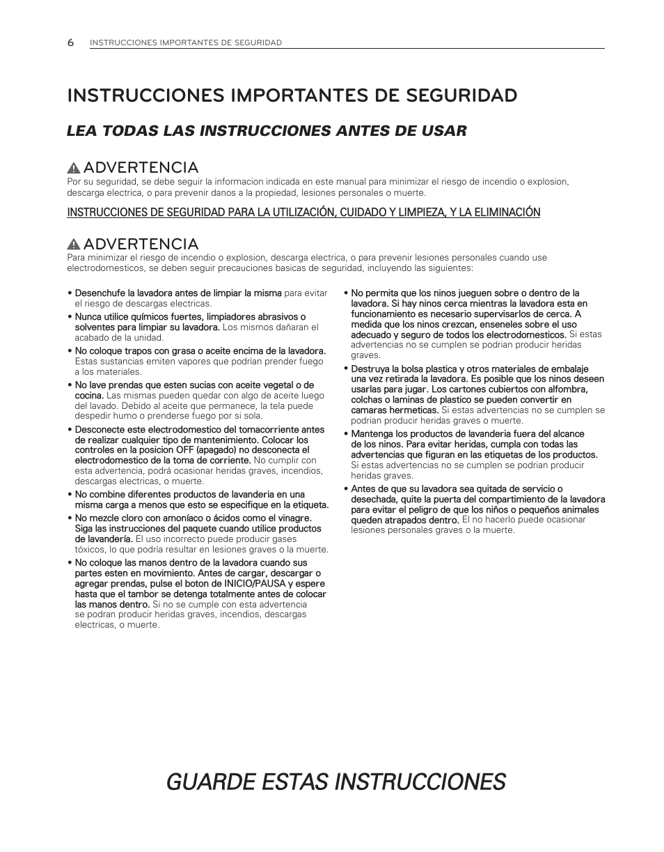 Guarde estas instrucciones, Instrucciones importantes de seguridad, Advertencia | Lea todas las instrucciones antes de usar | LG WM3150HWC User Manual | Page 46 / 120
