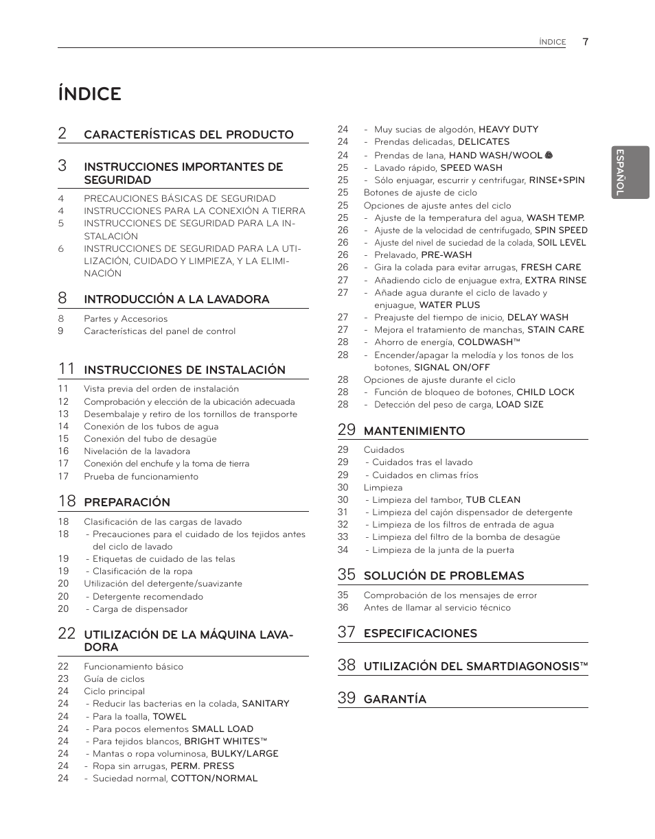 Índice | LG WM3150HWC User Manual | Page 47 / 120