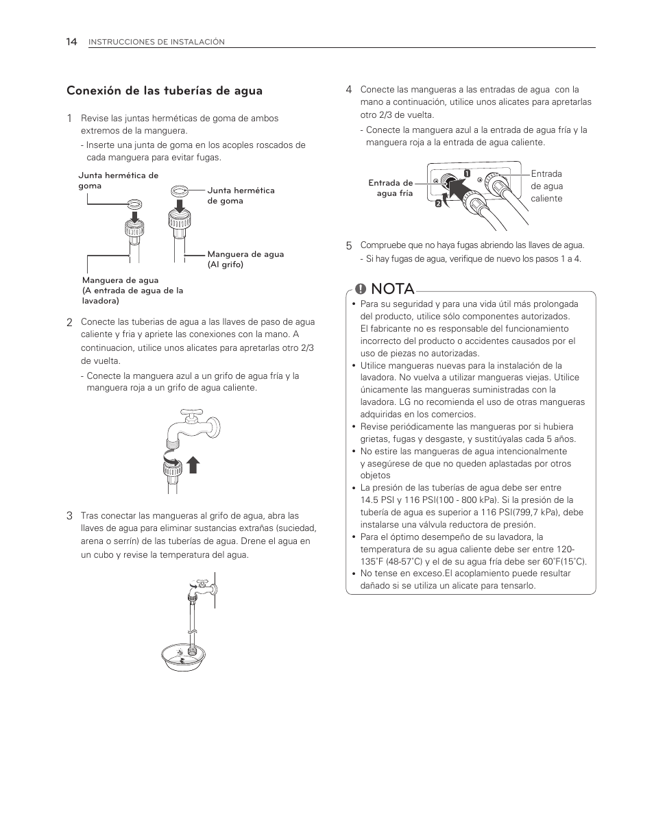 Nota, Conexión de las tuberías de agua | LG WM3150HWC User Manual | Page 54 / 120