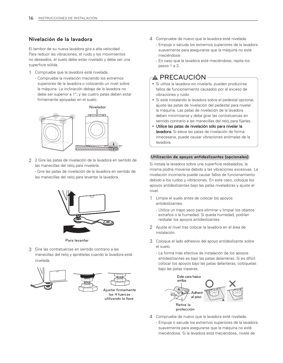 Precaución, Nivelación de la lavadora | LG WM3150HWC User Manual | Page 56 / 120