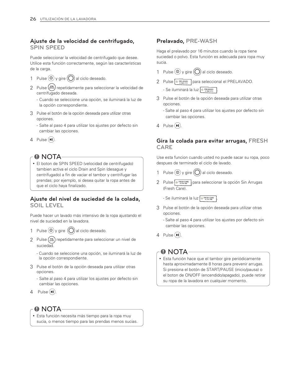 Nota, Ajuste de la velocidad de centrifugado, spin speed, Prelavado, pre-wash | Gira la colada para evitar arrugas, fresh care | LG WM3150HWC User Manual | Page 66 / 120