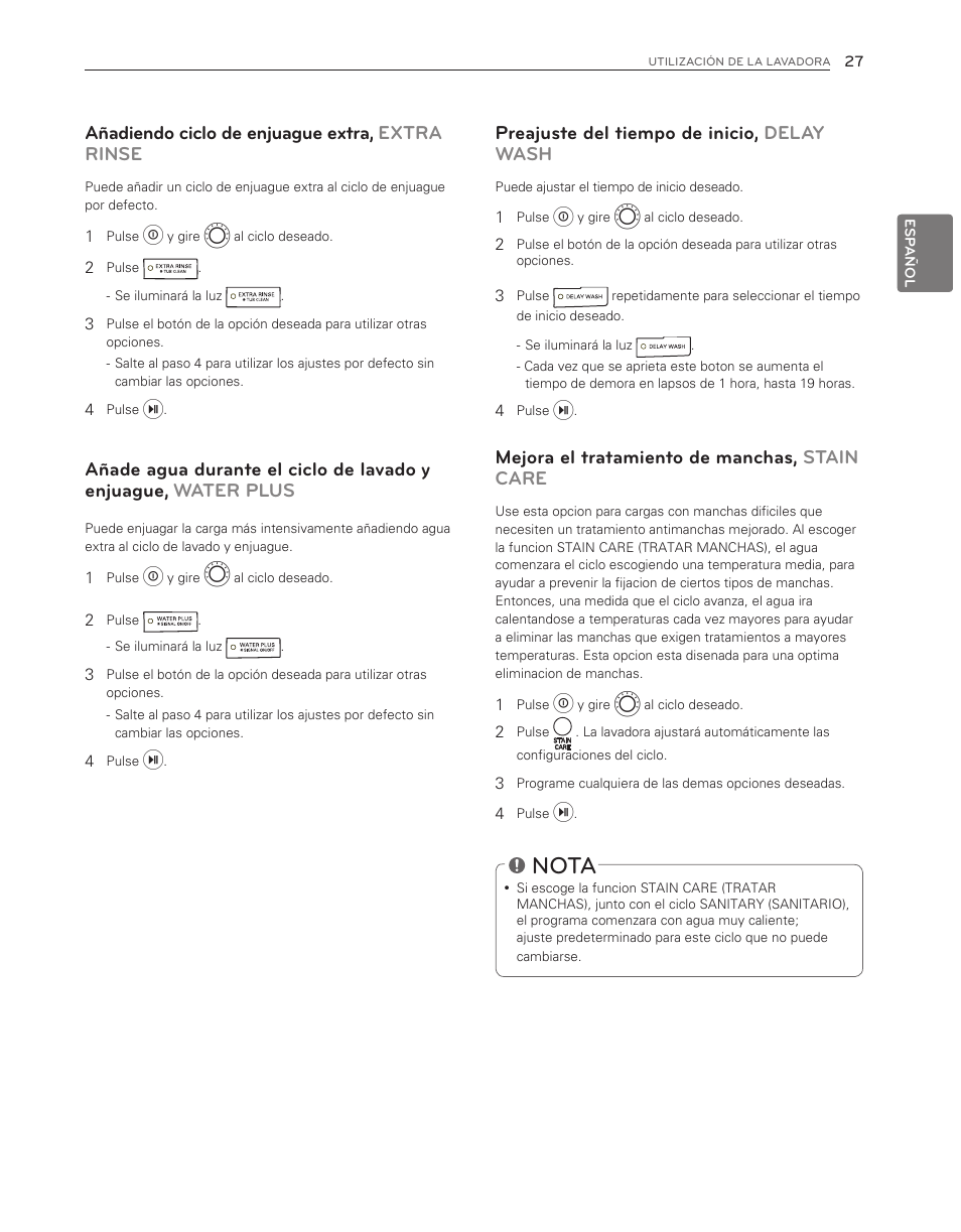 Nota, Añadiendo ciclo de enjuague extra, extra rinse, Preajuste del tiempo de inicio, delay wash | Mejora el tratamiento de manchas, stain care | LG WM3150HWC User Manual | Page 67 / 120