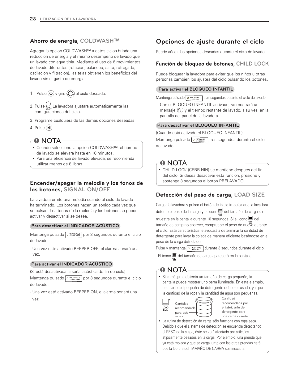 Nota, Opciones de ajuste durante el ciclo, Ahorro de energía, coldwash | Función de bloqueo de botones, child lock, Detección del peso de carga, load size | LG WM3150HWC User Manual | Page 68 / 120