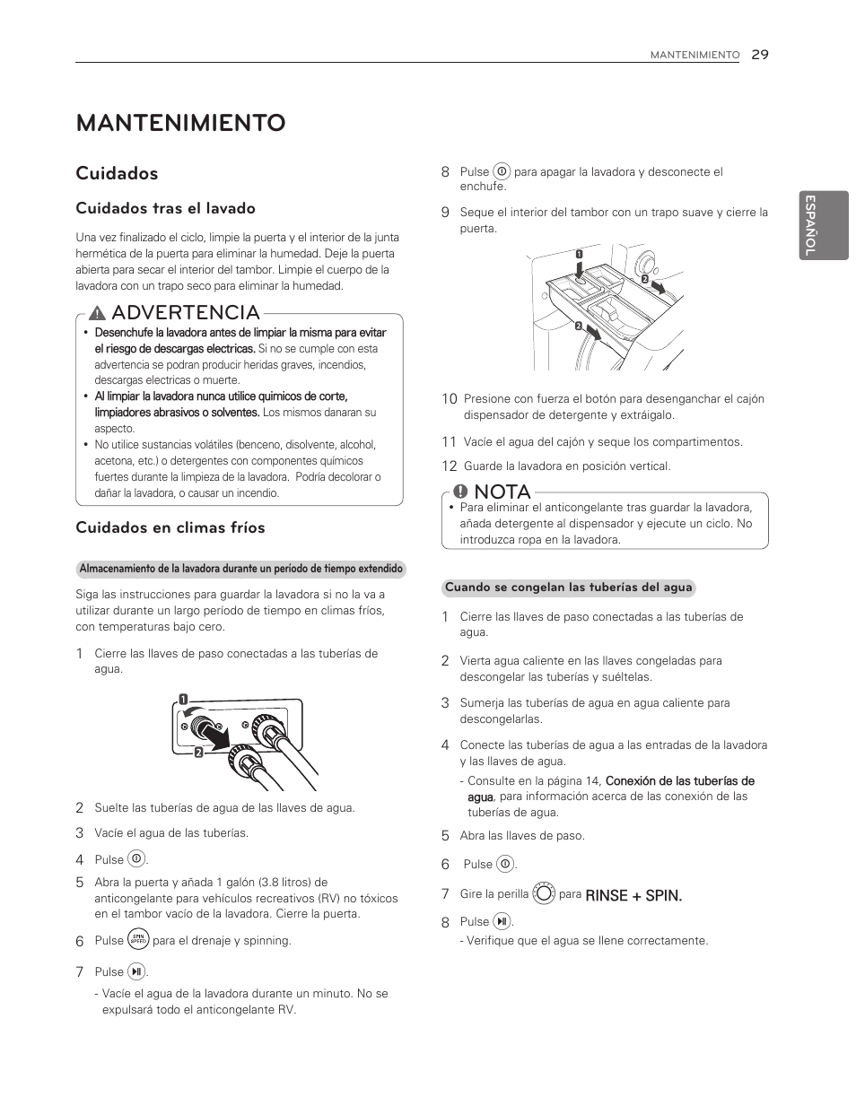 Mantenimiento, Advertencia, Nota | Cuidados, Cuidados tras el lavado, Cuidados en climas fríos | LG WM3150HWC User Manual | Page 69 / 120