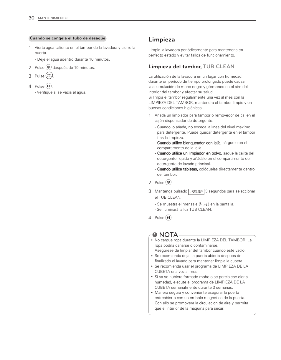 Nota, Limpieza, Limpieza del tambor, tub clean | LG WM3150HWC User Manual | Page 70 / 120