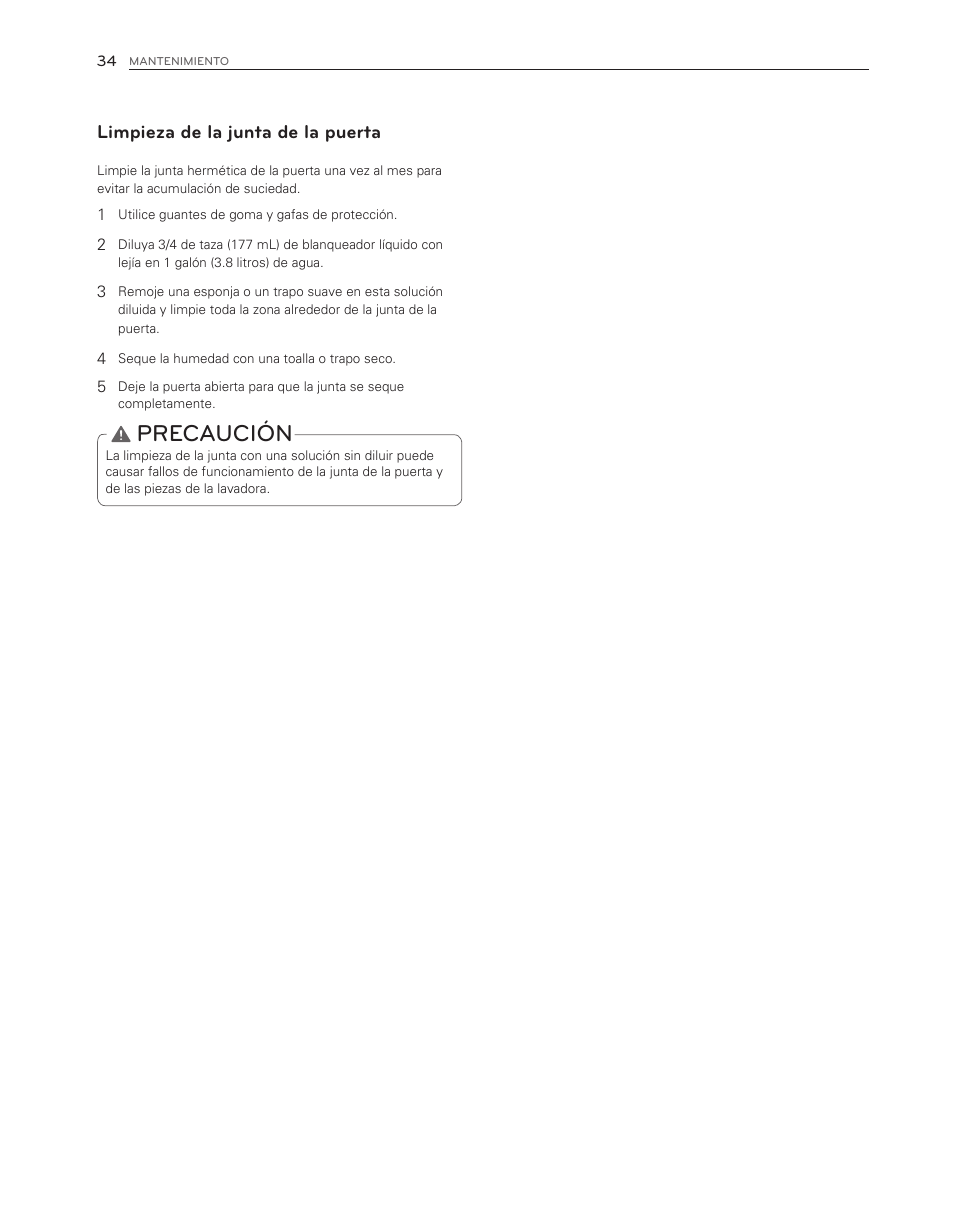 Precaución, Limpieza de la junta de la puerta | LG WM3150HWC User Manual | Page 74 / 120