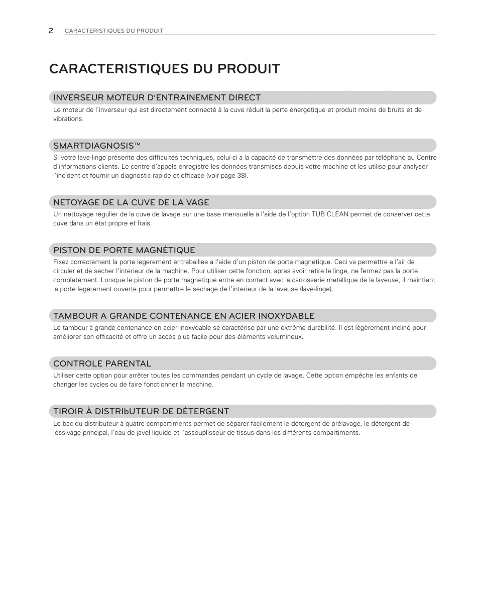 Caracteristiques du produit | LG WM3150HWC User Manual | Page 82 / 120