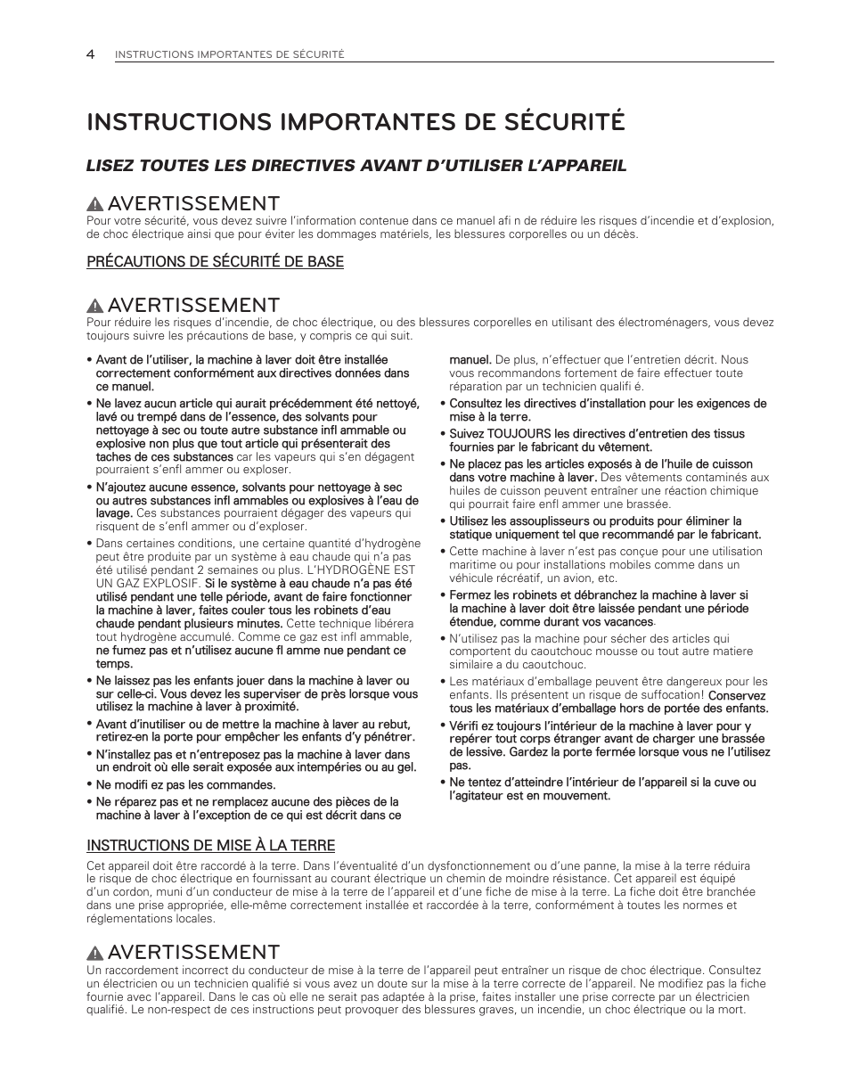 Instructions importantes de sécurité, Avertissement | LG WM3150HWC User Manual | Page 84 / 120