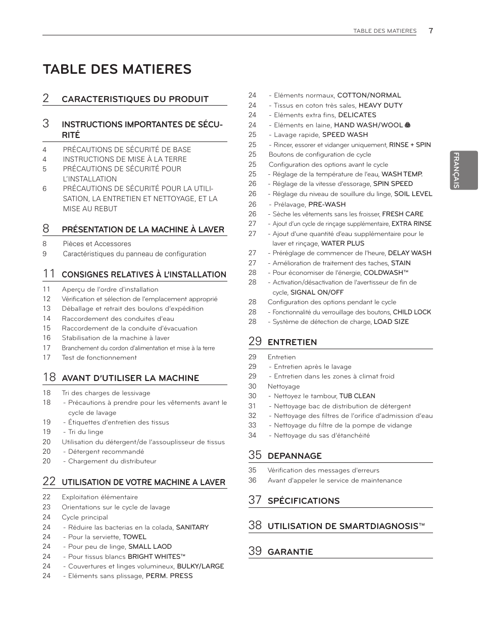 Table des matieres | LG WM3150HWC User Manual | Page 87 / 120
