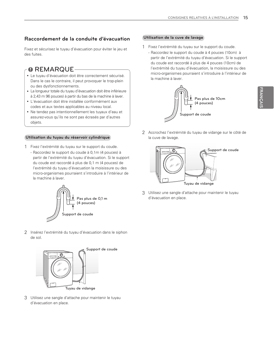 Remarque, Raccordement de la conduite d’évacuation | LG WM3150HWC User Manual | Page 95 / 120