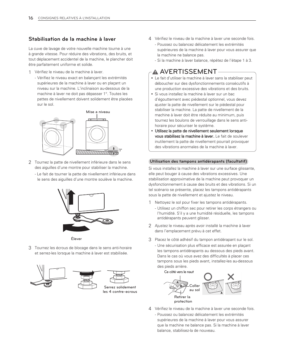 Avertissement, Stabilisation de la machine à laver | LG WM3150HWC User Manual | Page 96 / 120