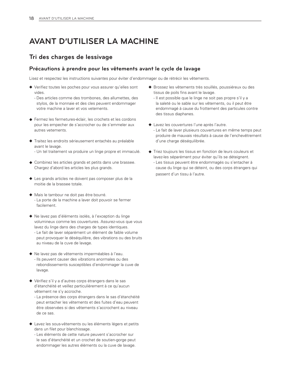 Avant d’utiliser la machine, Tri des charges de lessivage | LG WM3150HWC User Manual | Page 98 / 120