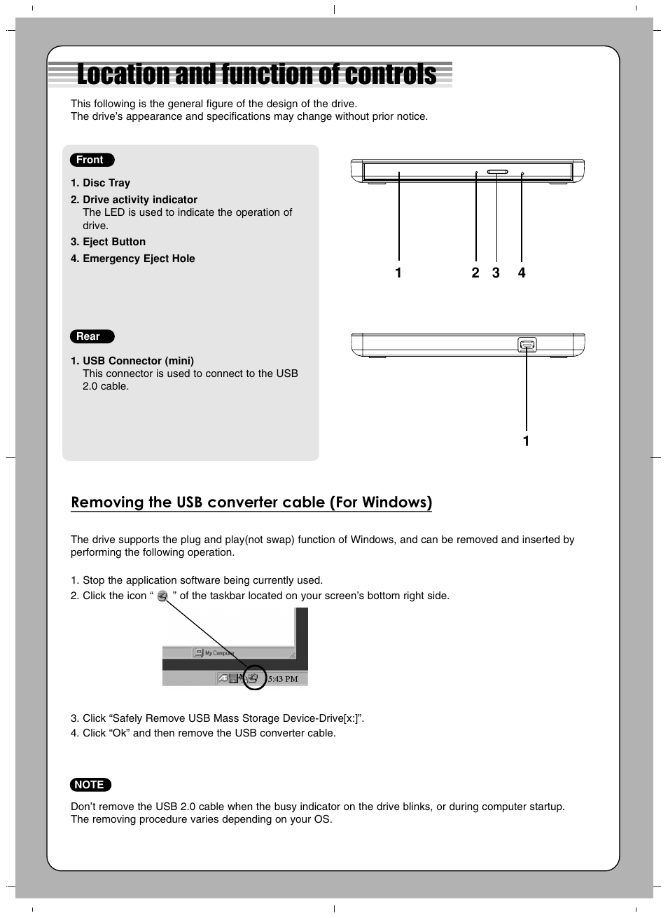 Location and function of controls, Removing the usb converter cable (for windows) | LG GP60NS50 User Manual | Page 2 / 4