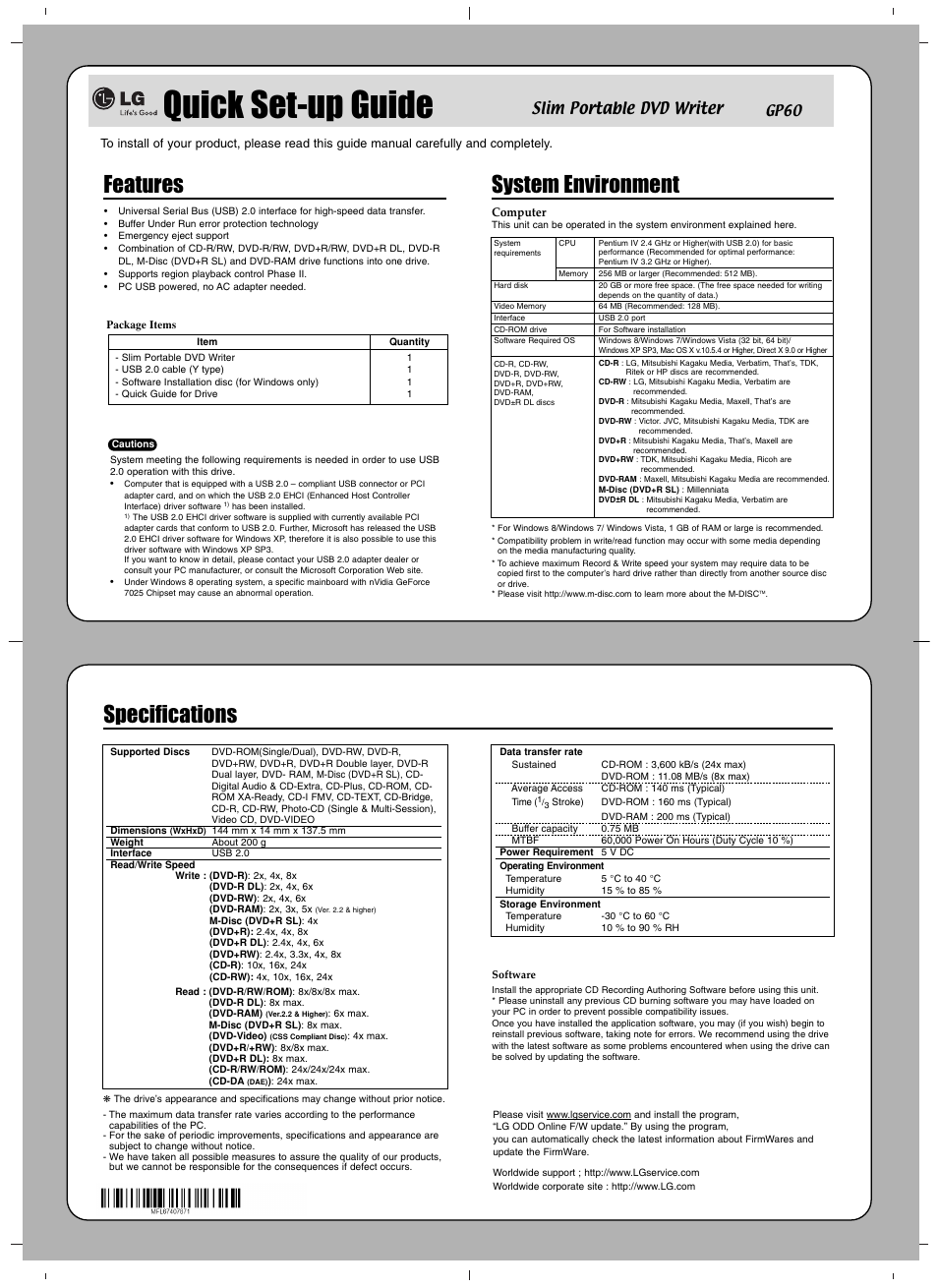 Quick set-up guide, Features, System environment | Specifications, Slim portable dvd writer | LG GP60NS50 User Manual | Page 3 / 4