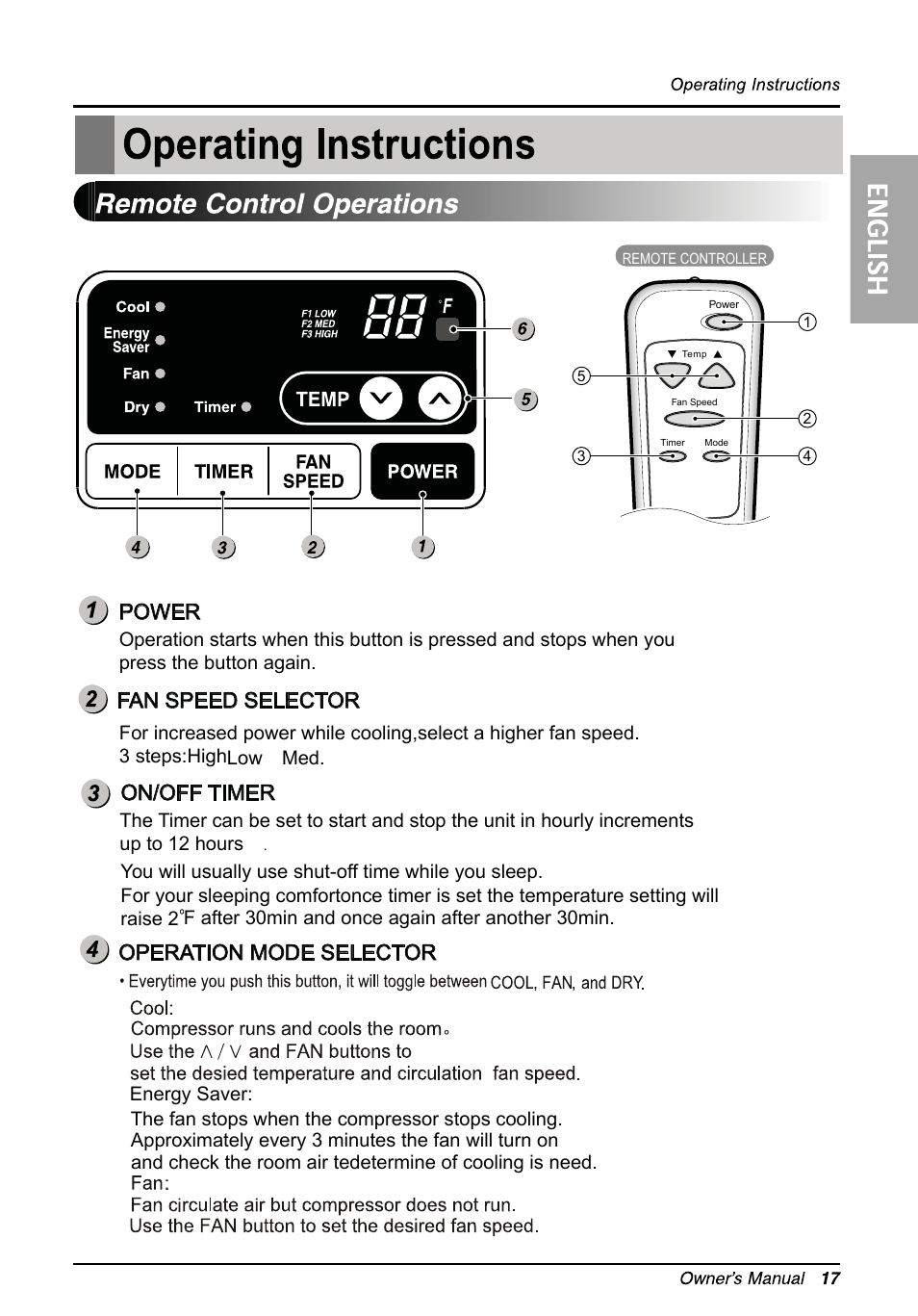 Power, Fan speed selector, On/off timer | Operation mode selector | LG LW2511ER User Manual | Page 16 / 44