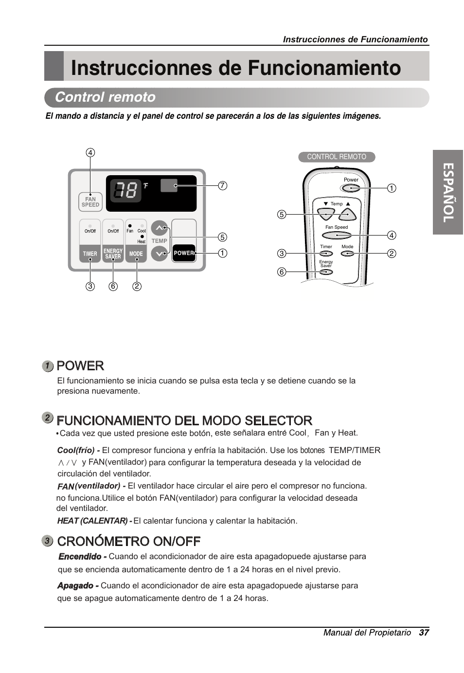 Instruccionnes de funcionamiento, Control remoto, Power | Funcionamiento del modo selector, Cronometro on/off | LG LW7013HR User Manual | Page 37 / 48