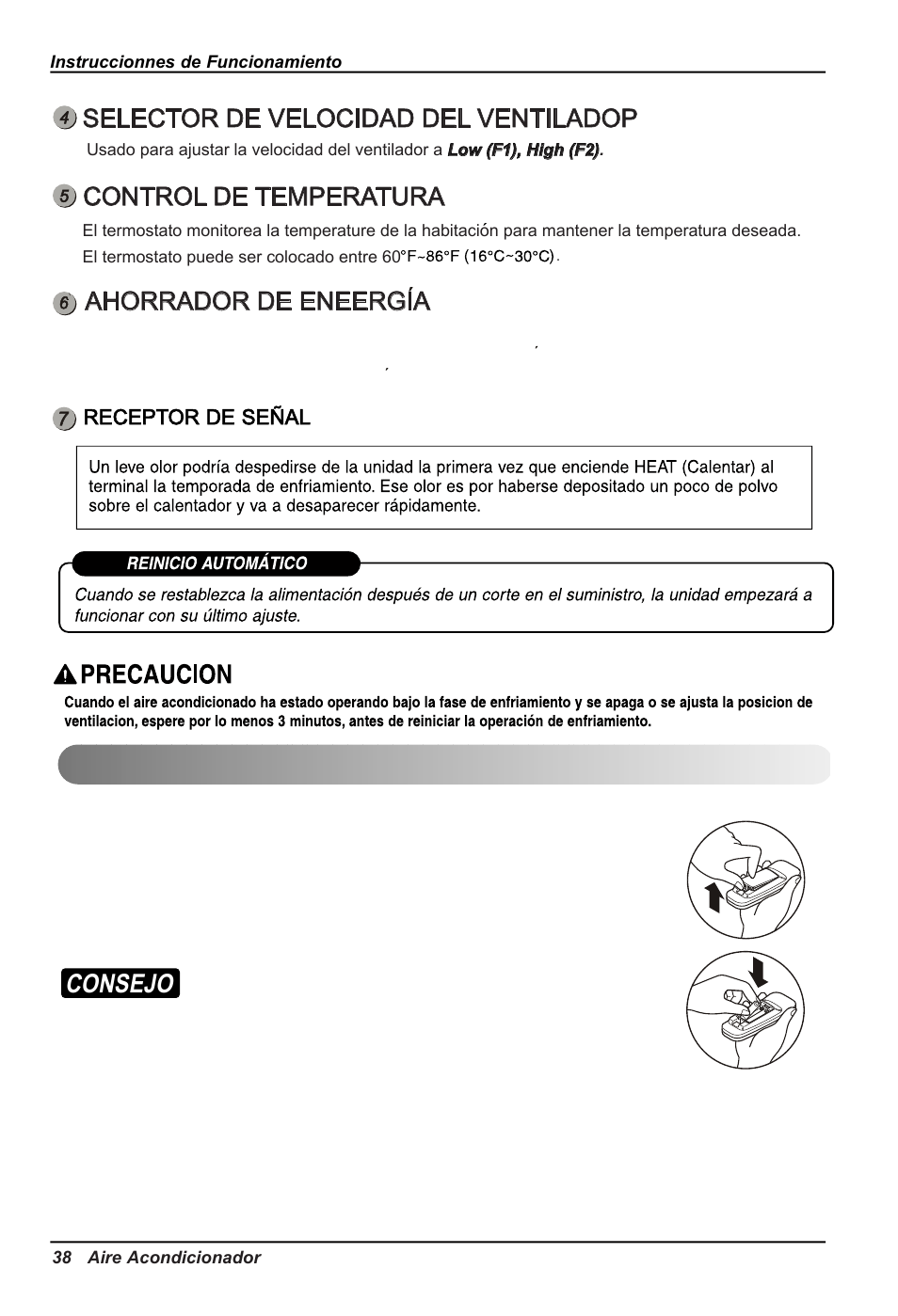 Insertar las batería del control remoto, Consejo, Selector de velocidad del ventiladop | Control de temperatura, Ahorrador de eneergia | LG LW7013HR User Manual | Page 38 / 48