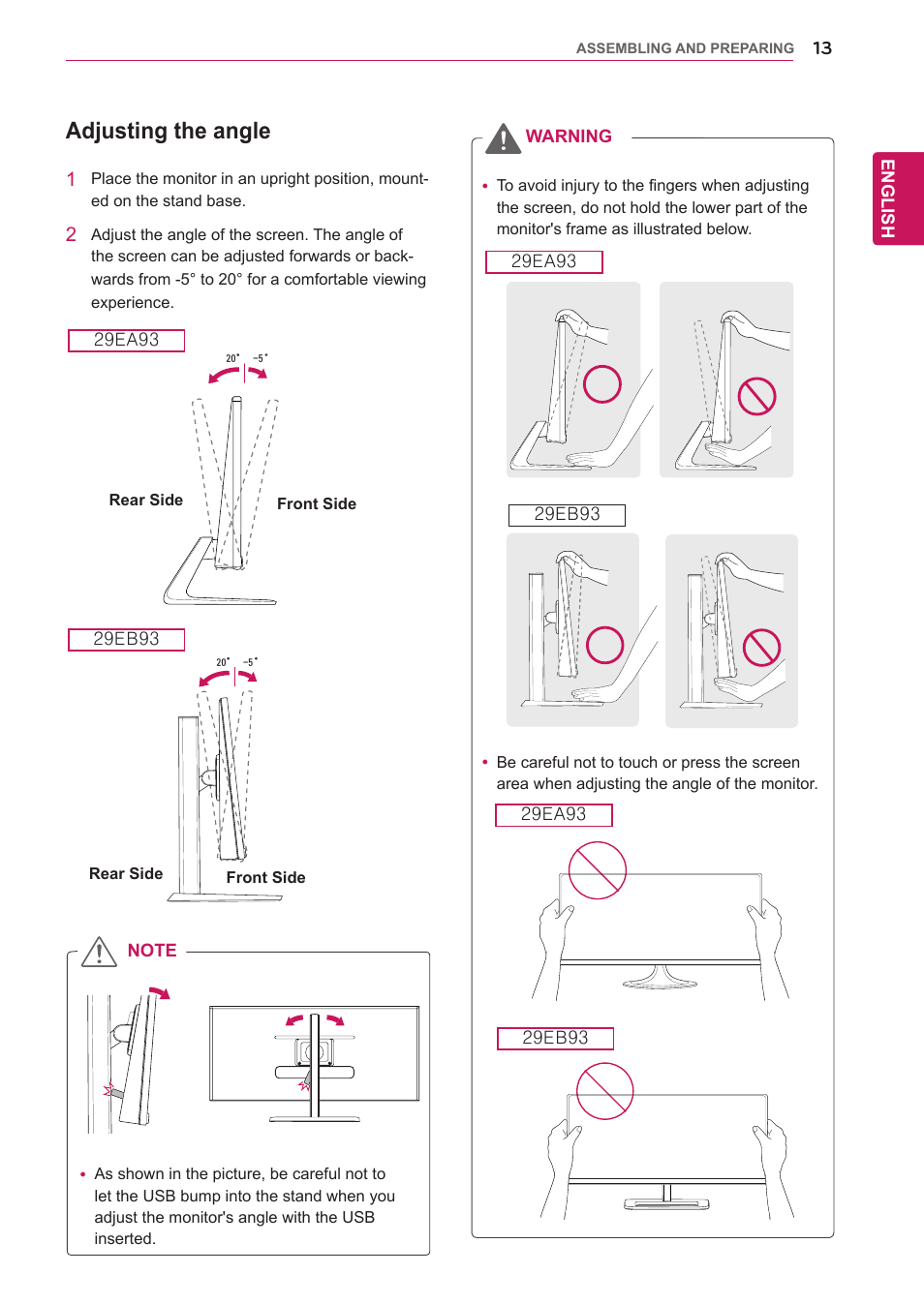 Adjusting the angle | LG 29EB93-P User Manual | Page 14 / 43