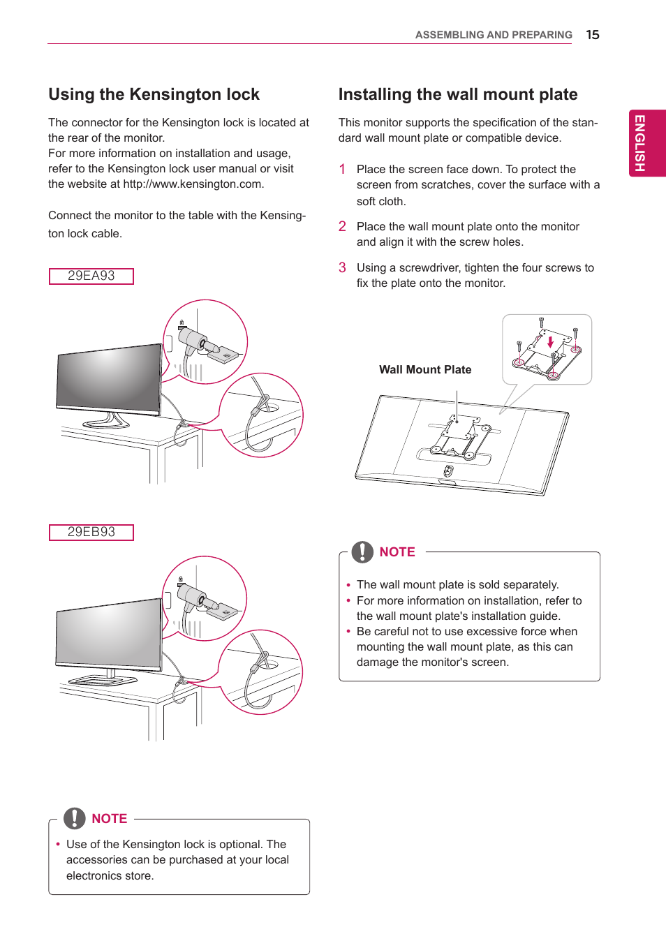 Using the kensington lock, Installing the wall mount plate | LG 29EB93-P User Manual | Page 16 / 43