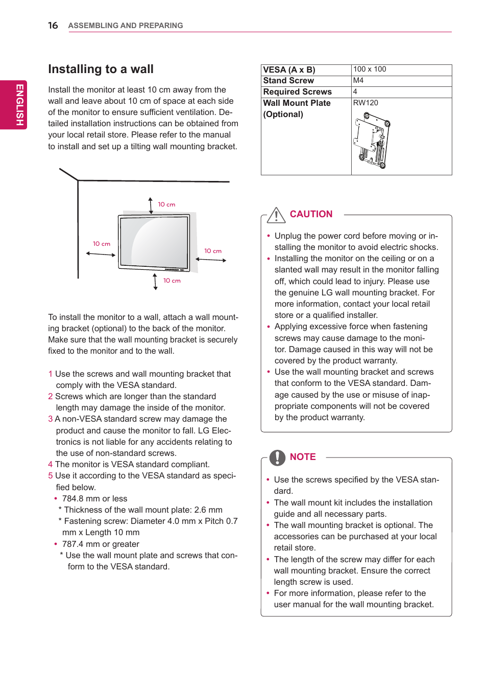 Installing to a wall | LG 29EB93-P User Manual | Page 17 / 43