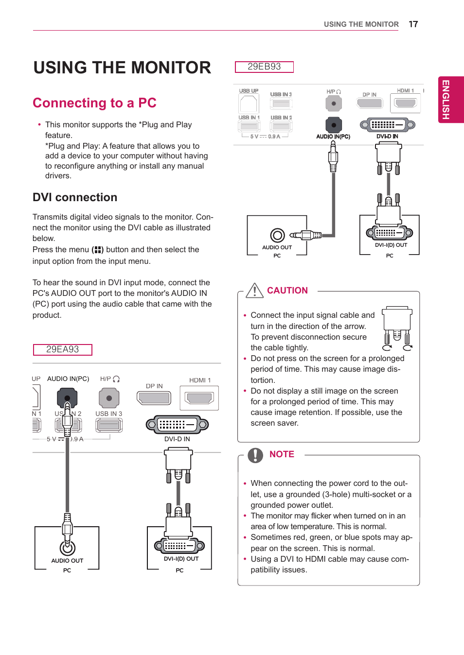 Using the monitor, Connecting to a pc, Dvi connection | English, Caution | LG 29EB93-P User Manual | Page 18 / 43