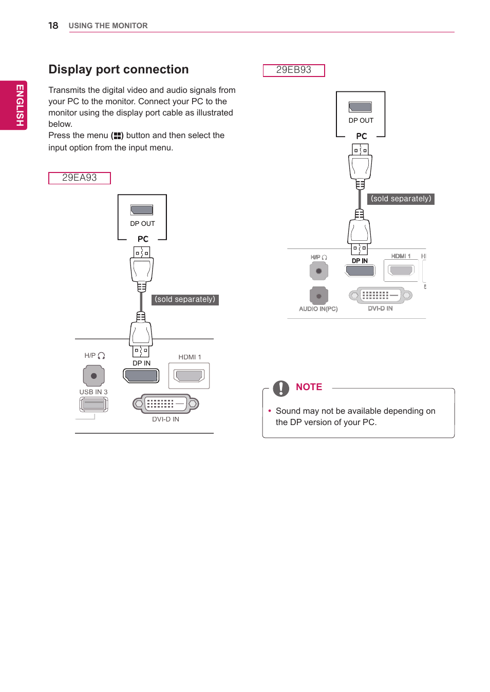 Display port connection, English | LG 29EB93-P User Manual | Page 19 / 43