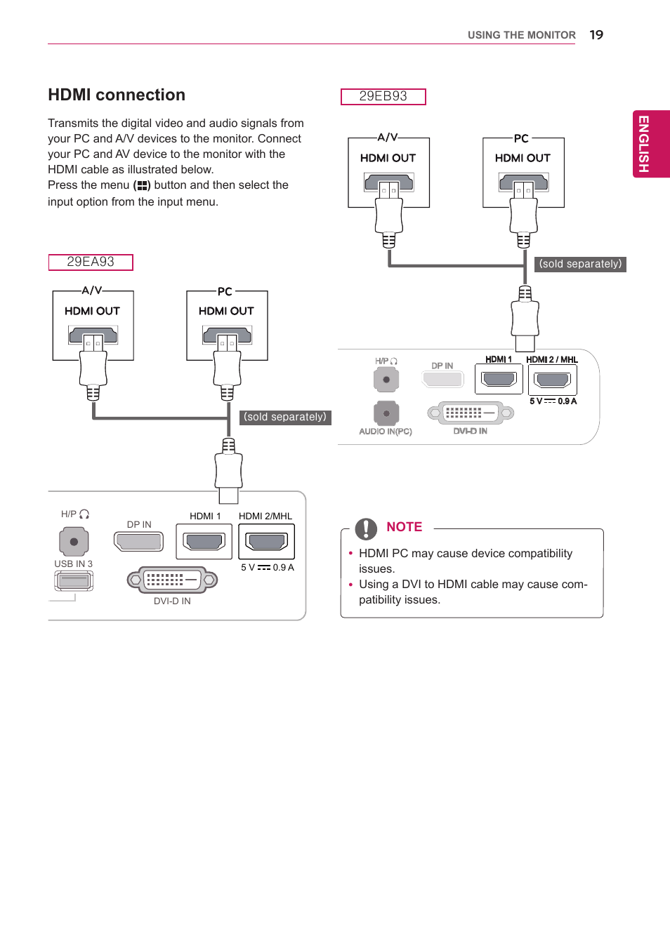 Hdmi connection, English | LG 29EB93-P User Manual | Page 20 / 43