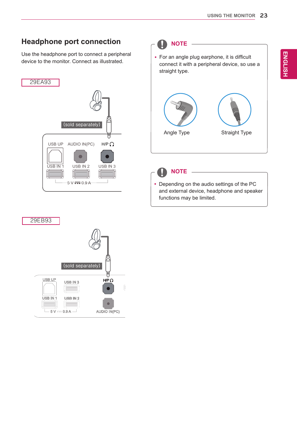 Headphone port connection, English | LG 29EB93-P User Manual | Page 24 / 43