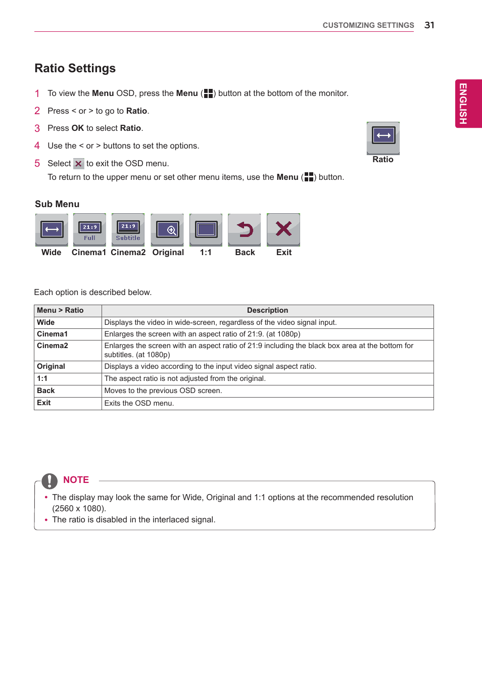 Ratio settings | LG 29EB93-P User Manual | Page 32 / 43