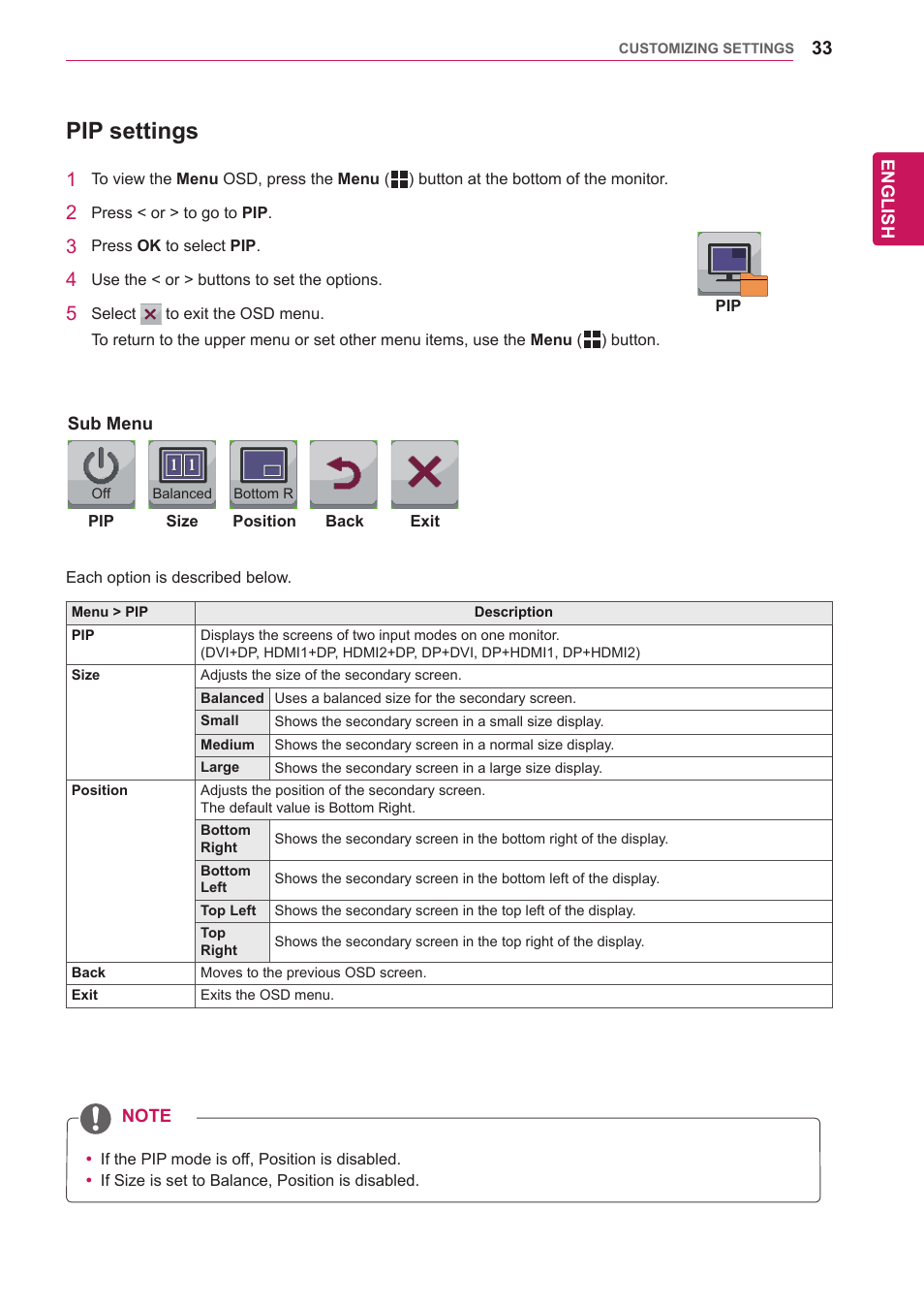 Pip settings | LG 29EB93-P User Manual | Page 34 / 43