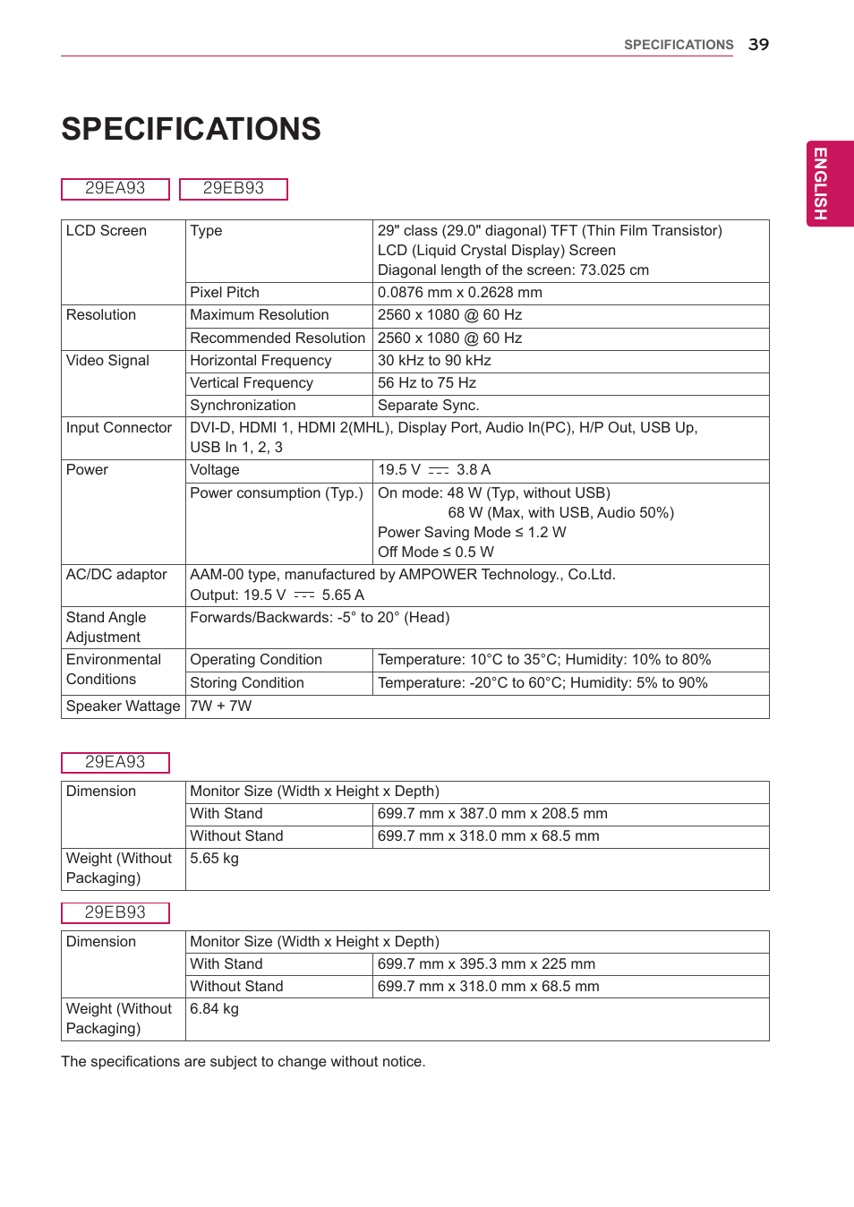 Specifications | LG 29EB93-P User Manual | Page 40 / 43