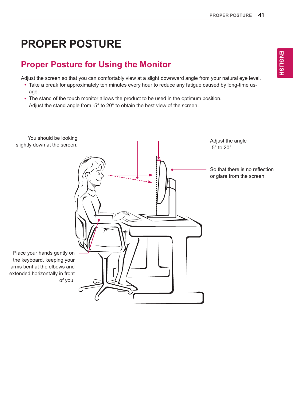 Proper posture, Proper posture for using the monitor | LG 29EB93-P User Manual | Page 42 / 43