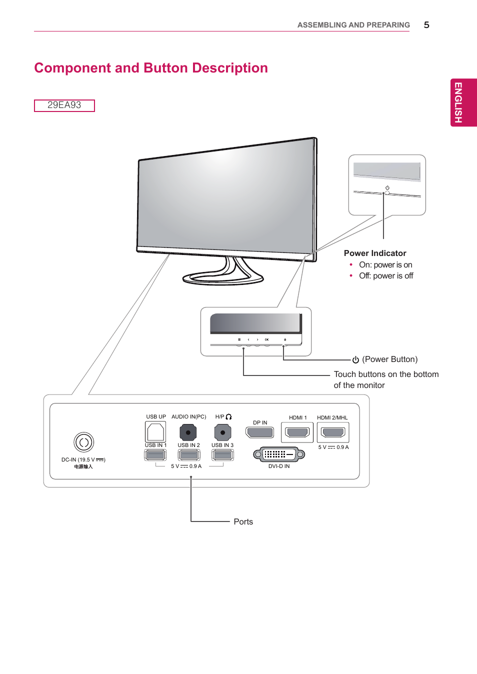 Component and button description, English, 29ea93 | LG 29EB93-P User Manual | Page 6 / 43