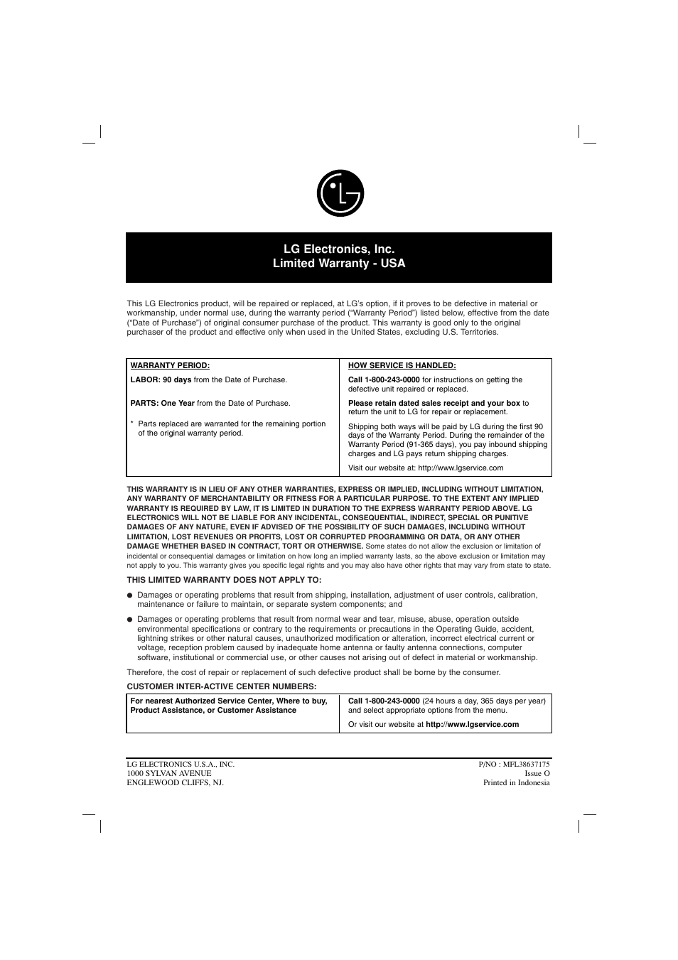 Lg electronics, inc. limited warranty - usa | LG LHT799 User Manual | Page 33 / 33